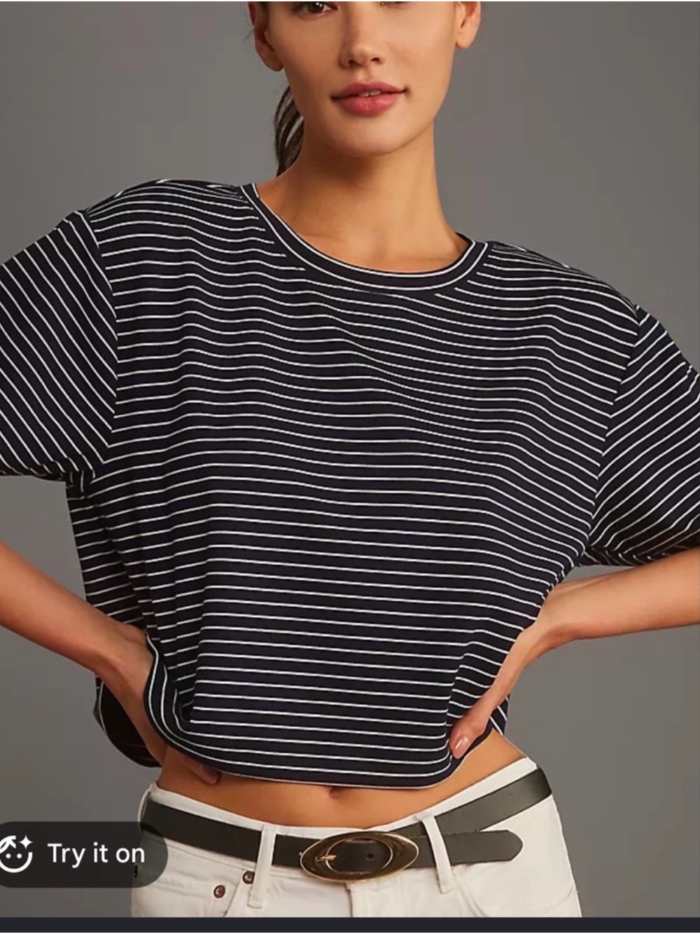 Maeve Anthopology Navy & White Striped Short Sleeve Crop Top Oversized